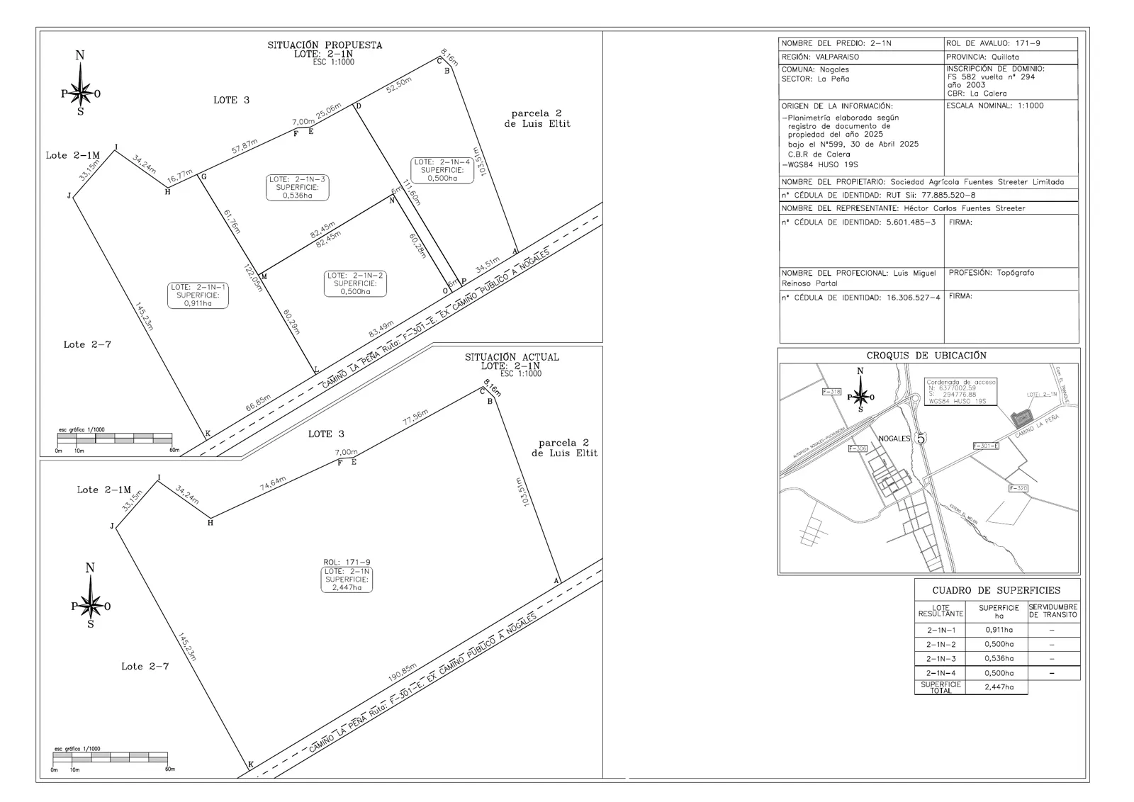 Plano de subdivisión predial rústica en 4 lotes, sector La Peña, Nogales
