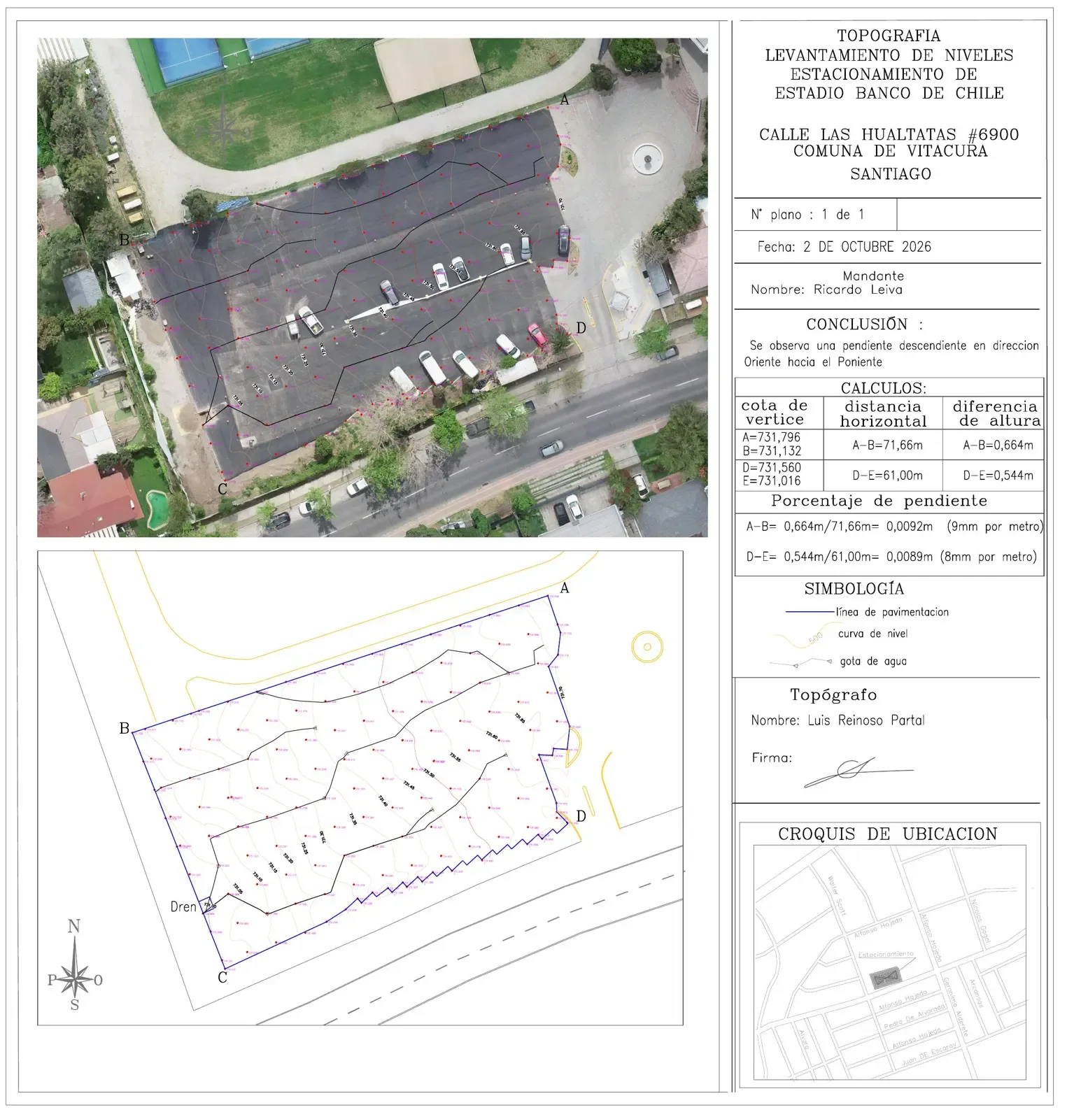 Plano de niveles y pendientes del estacionamiento del Estadio Banco de Chile en Vitacura