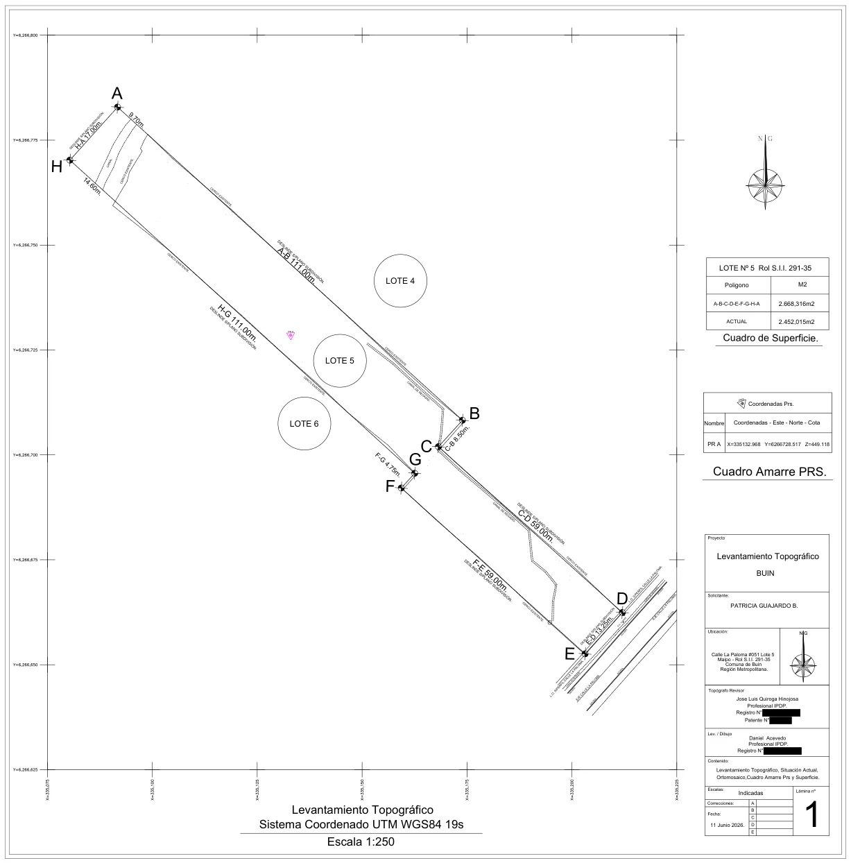 Plano de levantamiento topográfico del Lote 5, Calle La Paloma, Buin