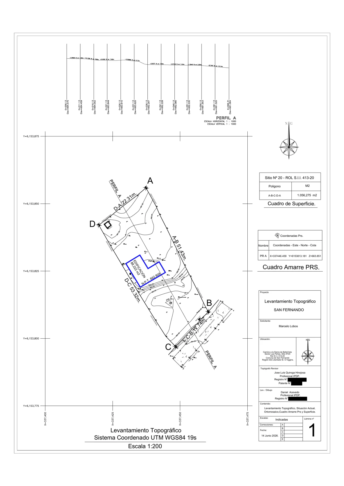 Plano de levantamiento topográfico del Sitio N° 20, sector Las Peñas, San Fernando