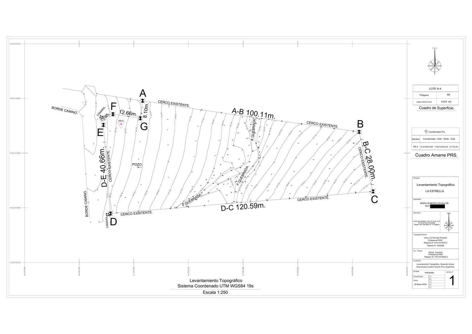Plano de levantamiento topográfico del Lote A-4, Costa San Rafael, Lago Rapel, La Estrella